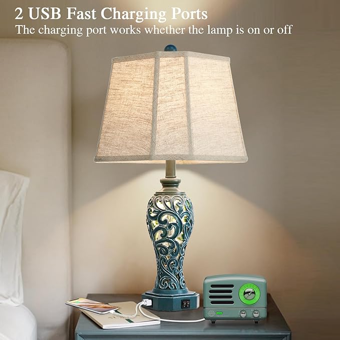 25'' Farmhouse Table Lamps Set of 2 for Living Room Bedroom, 2 USB Ports Coastal Vintage Table Lamp with Nightlight, Blue Green Hollow Out Resin Lamp for End Table (Bulbs Included)-CasaMuseHome