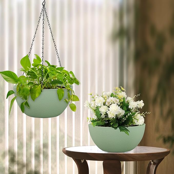 8 inch Small Hanging Planters Plant Pots for Indoor Outdoor Plants, 2 Pack Hanging Flower Pots with Drainage Holes and Chain for Garden Porch, Plastic Hanging Baskets for House Plants, Green-CasaMuseHome