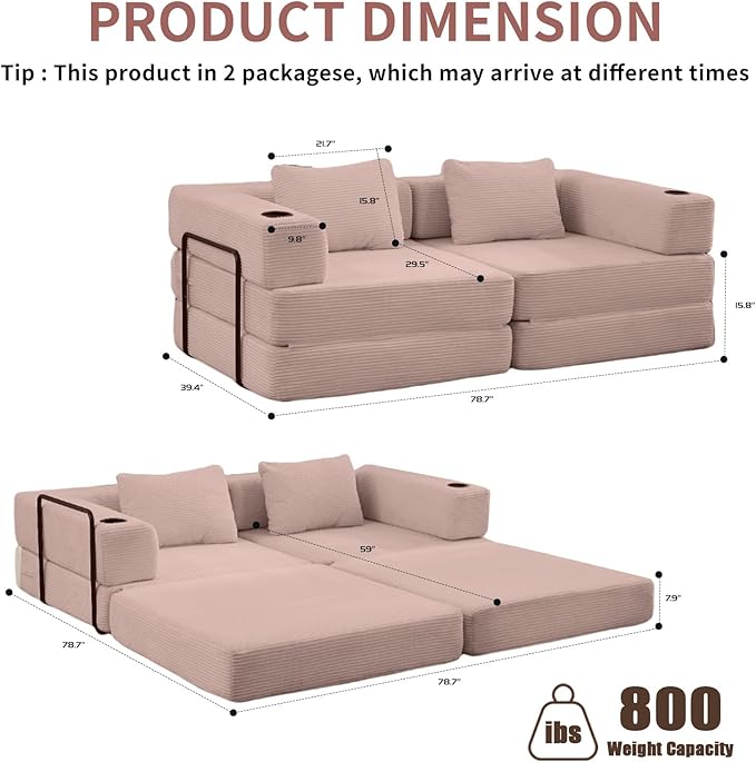 78" W Loveseat Sofa, 4 in 1 Convertible Floor Sofa Bed, Boneless Cloud Couch with Cup Holder, Fold Out Floor Couch, Loveseat Recliner Sleeper for Living Room Bedroom Lounge(Corduroy, White)-CasaMuseHome