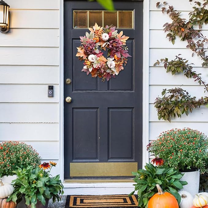 20Inch Fall Wreaths for Front Door,Fall Wreath,Fall Decorations for Home,Autumn Wreaths with White Pumpkins Peony Pine Cones, Fall Door Wreath for Thanksgiving Halloween Indoor Outdoor Decor-CasaMuseHome