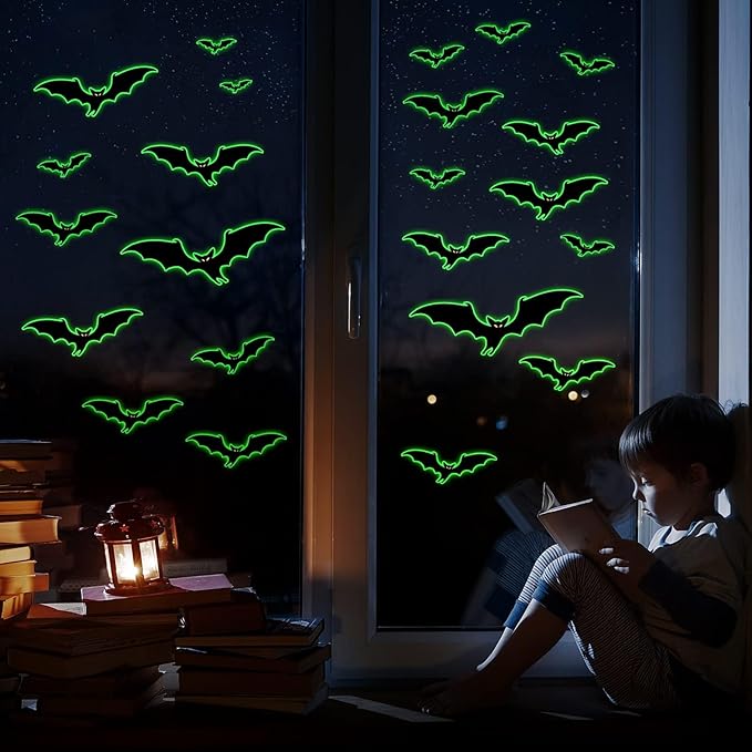 3 Sheets Glow in The Dark Halloween bat Decals Luminous Halloween bat Stickers Removable Bat Wall Decor Glowing Window Clings for Scary Halloween Theme Party Decorations-CasaMuseHome