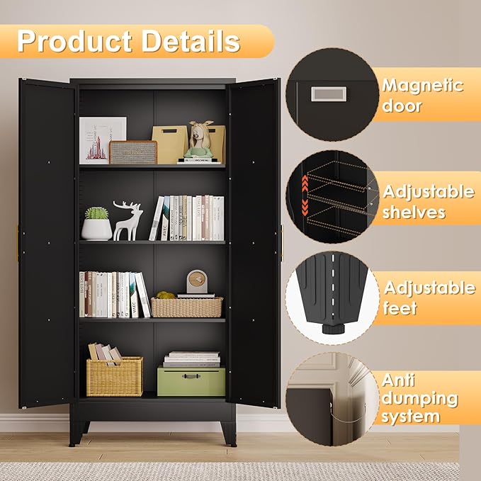 61" H Metal Kitchen Pantry Storage Cabinet, Freestanding Cupboard with 2 Doors and 3 Adjustable Shelves, Standing Storage for Kitchen, Bathroom, Garage, Dinning Room or Utility Room（Black）-CasaMuseHome