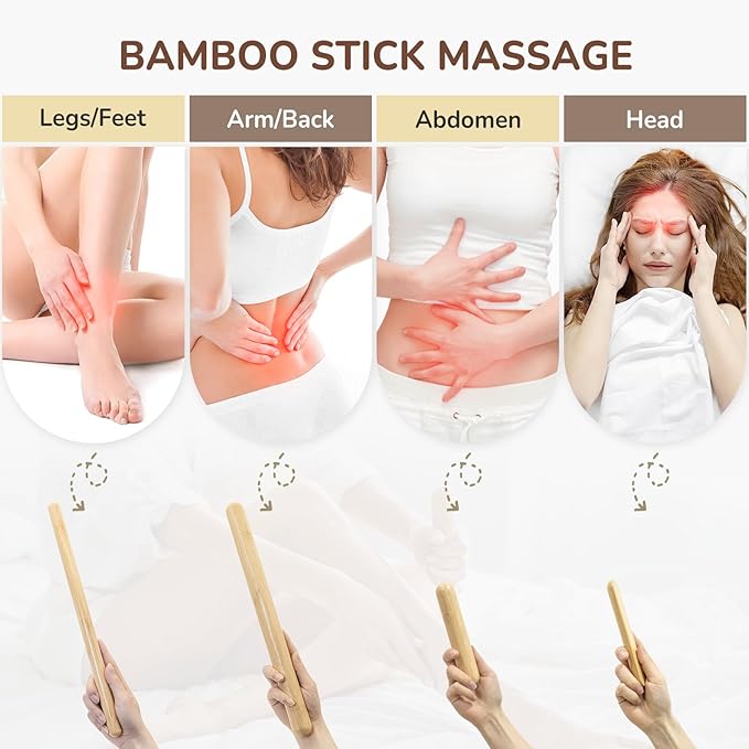4PCS Solid Bamboo Massage Sticks & Guasha Set with Roller/Stick - 100% Bamboo Therapy Tools for Neck/Arm/Back/Legs/Full Body, Deep Tissue Massage, Muscle Relaxation, Body Shaping, Fatigue Relief-CasaMuseHome