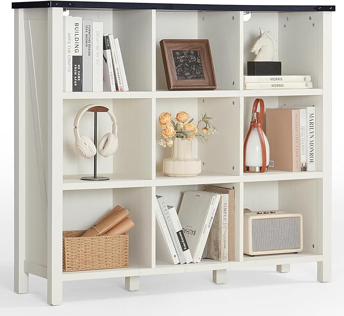 9 Cube Bookcase, Farmhouse 47 Inch Wide White Bookshelf, Wooden 3 Tier Display Large Open Book Shelf, Vintage Horizontal Book Case for Home Office, Cubby Storage Cabinet for Living Room-CasaMuseHome