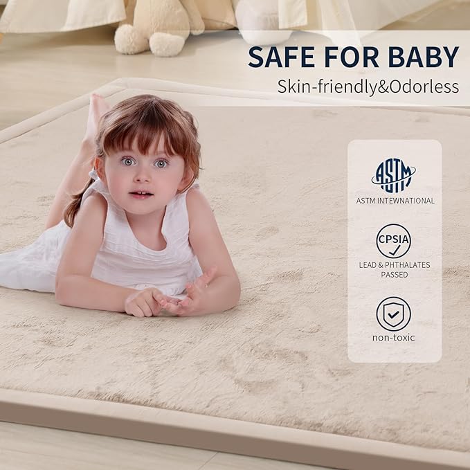 ACOMOPACK Baby Play Mat for Floor 1.3" Thick Memory Foam Play Mat 59"×71" Tummy Time Crawling with Non-Slip Bottom for Living Room,Nursery,Soft Velvet Playpen Mats for Kids,Infants（Beige）-CasaMuseHome