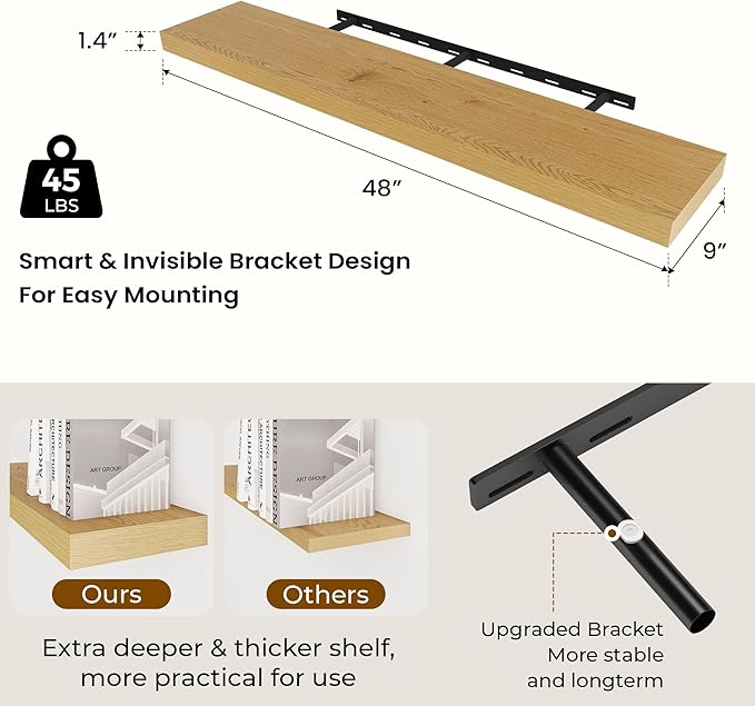 48 inch Floating Shelves for Wall Large Wall Mounted Shelves with Invisible Brackets, Oak Long Shelves for Bathroom, Living Room, Kitchen, Office, 48x9.1 inch deep Set of 2-CasaMuseHome