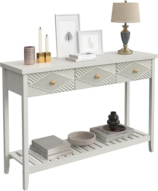 47" Fluted Console Table with 3 Drawers, Narrow Long Entryway Table with Storage Shelf, Sofa Tables for Entryway, Living Room, Behind Couch, Foyer, Hallway, Office (Beige)-CasaMuseHome
