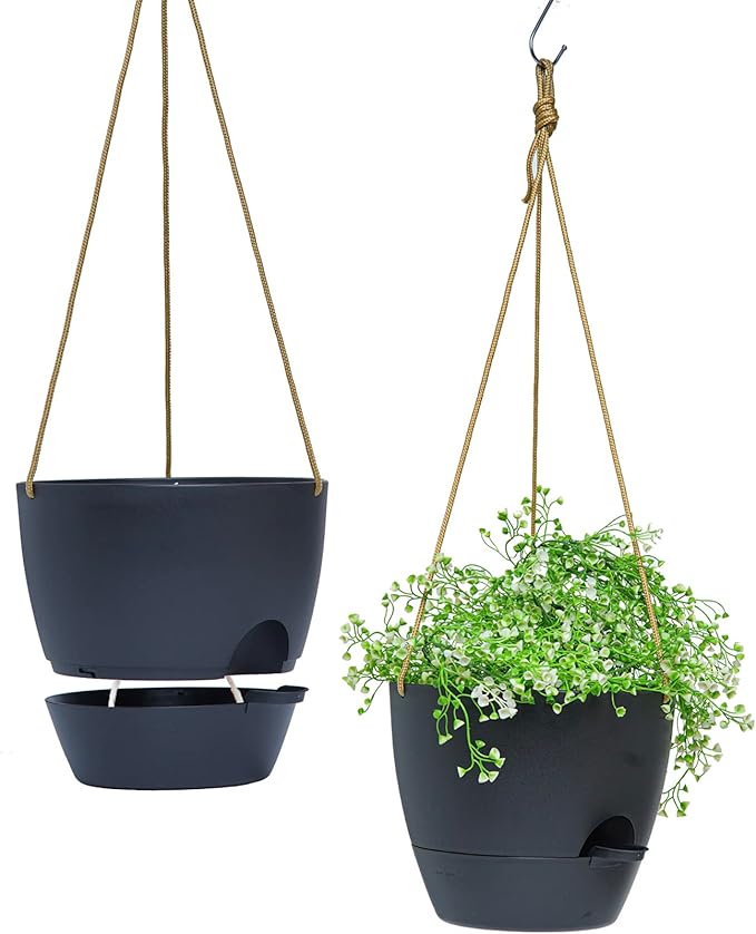 8 inch Hanging Planters, 2 Pack Self Watering Hanging Pots with 20oZ Deep Reservoir for Indoor Outdoor Plants Flowers, Black-CasaMuseHome