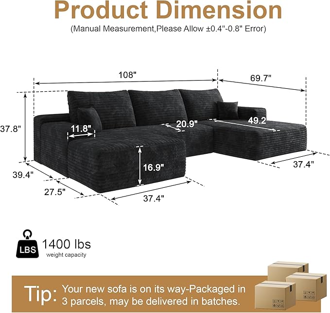 108" Sectional Couches for Living Room Modern Modular Sofa with L-Shape Couchs Upholstered Boneless Couch Deep Seat Sectional Couch with Chaise (Black, Right Facing Chaise+2Seaters+1Ottoman)-CasaMuseHome