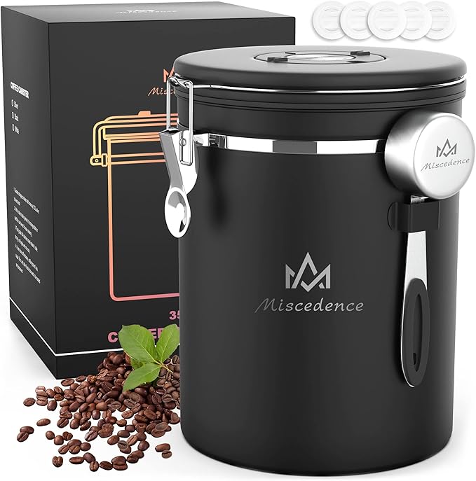 35OZ Coffee Canister for ground coffee with Date Tracker,One Way Co2 Valve 304 Stainless Steel Kitchen Food Airtight storage container for Coffee Beans or Grounds, Sugar Black-CasaMuseHome
