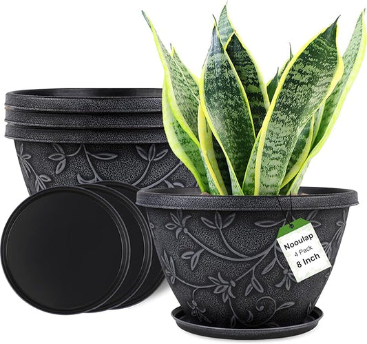 4 Pack 8 Inch Flower Pots for Outdoor Indoor, Plastic Plant Pots with Drainage Hole & Saucer, Lightweight Small Resin Flower Pot, Imitation Magnolia Pots for Garden House planters（Gray）-CasaMuseHome