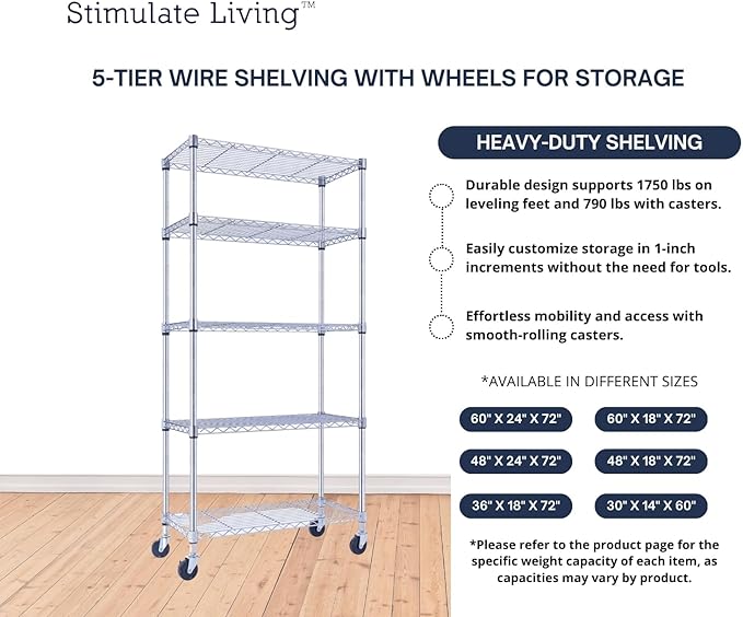 30"x14"x60" PRIME HEAVY DUTY Chrome 5-Tier Wire Shelving 1,750 LBS MAX Capacity Storage Rack for Commercial, School, Home, Garage, Warehouse, Industrial, and Hospital Uses (with Wheels)-CasaMuseHome
