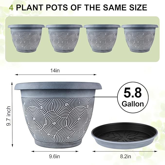 14 Inch Large Planter Pot for Plants Indoor Outdoor, 4 Pack Plastic Flower Pots with Drainage Hole & Tray, Modern Decorative Garden Pot with Saucer, Plant Container for House-CasaMuseHome