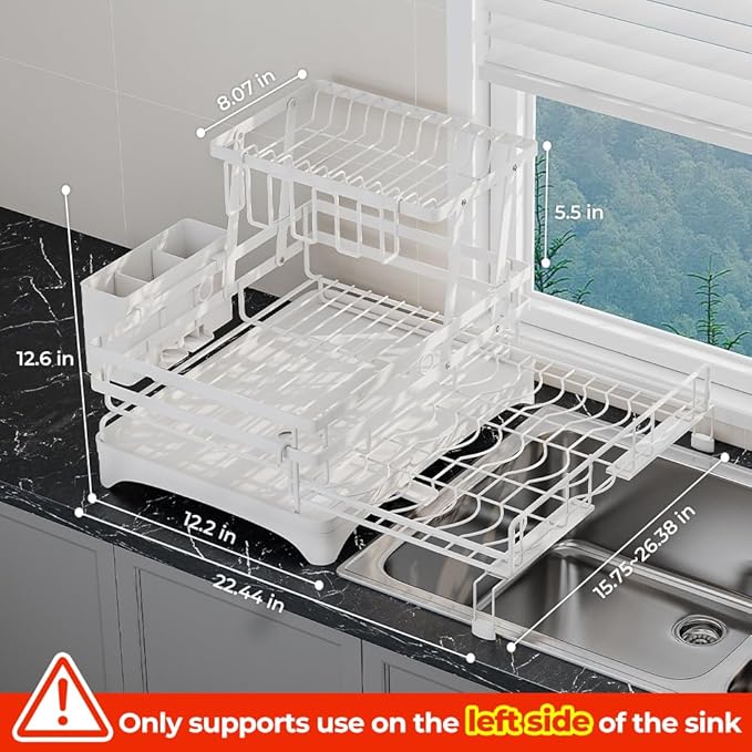 2 Tier Large Dish Drying Rack - Extendable Dish Rack, 2-in-1 Anti-Rust Stainless Steel Dishrack for Kitchen Counter and Sink, Dish Strainer with Utensil Holder & Cup Holder(White)-CasaMuseHome