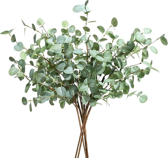 6Pcs Faux Eucalyptus Stems, 27" Artificial Eucalyptus Plants with White Frosted Coating, Fake Eucalyptus Decor Silk Greenery Leaves for Wedding Bouquets Home Decor DIY Floral Arrangements-CasaMuseHome