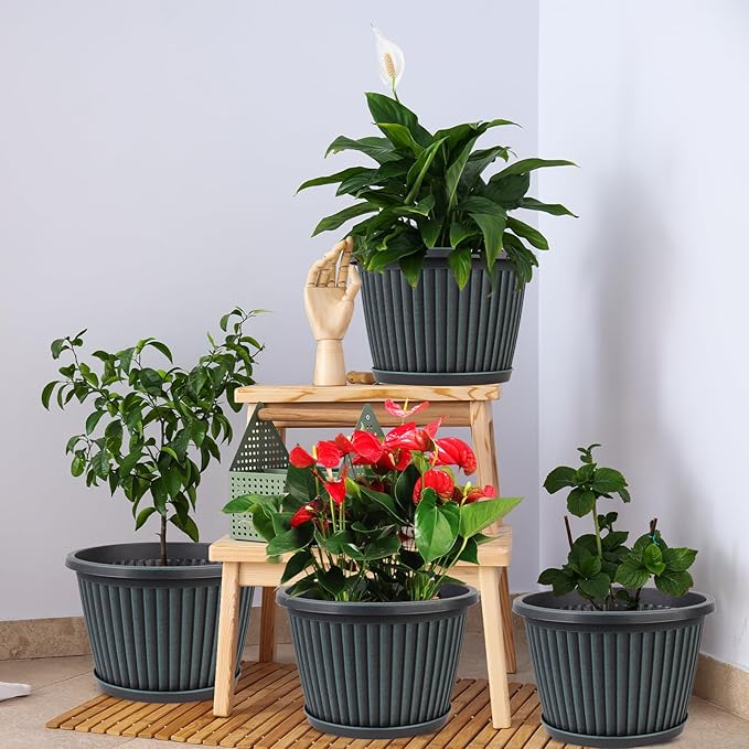 10 Inch Planter-Pots-for-Plants-Indoor-Outdoor, 4 Pack Plastic Flower Pots with Saucer & Drainage Holes, Modern Decorative Resin Garden Pots-CasaMuseHome