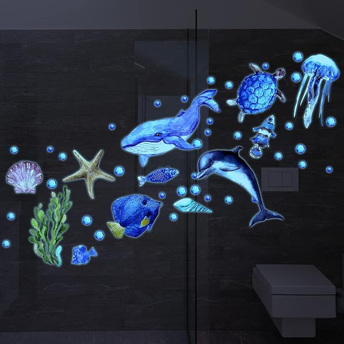 52 Pcs Ocean Fish Wall Decals Glow in The Dark Under The Sea Wall Decals Sea Animals Stickers Removable Waterproof Peel and Stick for Kids Bathroom Watercolor Ocean Decor(Cute Style)-CasaMuseHome