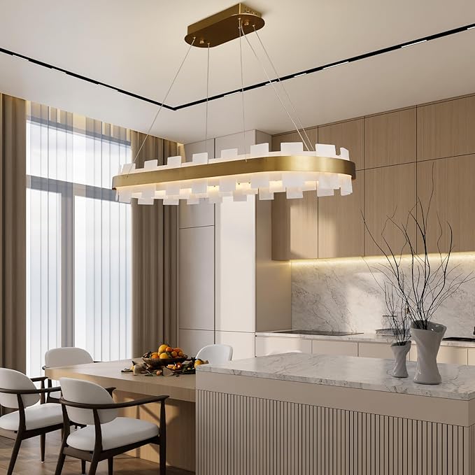 37.4" Natural Spanish Alabaster Rectangle Chandelier, Adjustable Luxury Ceiling Light for Dining Room Over Table, Kitchen Island, Modern Marble Chandeliers for Bedroom, Foyer, Entryway-CasaMuseHome