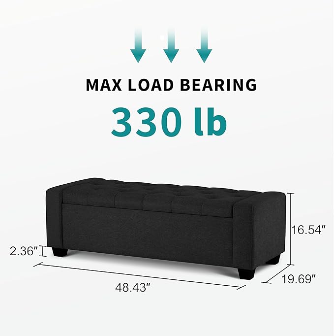 48" Ottoman with Storage, Black Storage Ottoman Bench with Safety Hinge, Upholstered Entryway Bench with Seating for Bedroom, Living Room, Holds up to 330 lb-CasaMuseHome