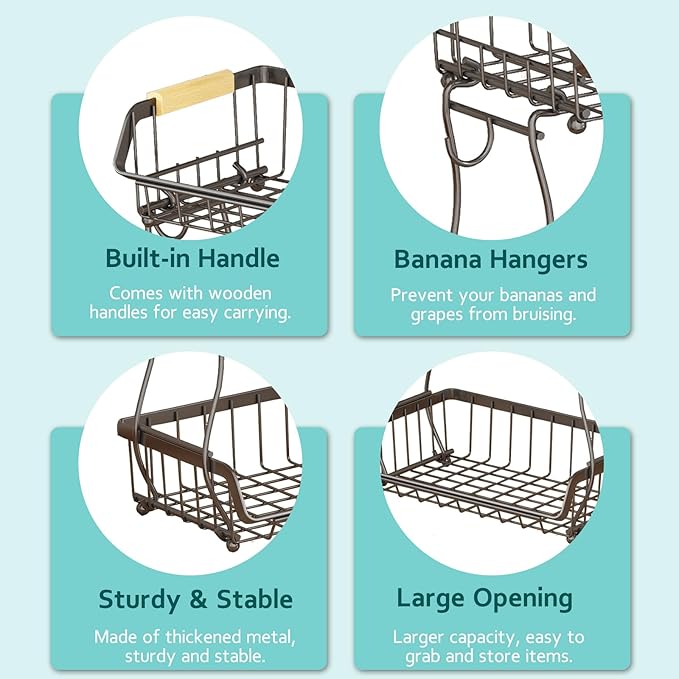 2 Tier Fruit Basket with 2 Banana Hangers, Detachable Countertop Fruit Bowls for Kitchen Counter, Metal Wire Fruit Vegetable Storage Holder Stand with Wooden Handles for Bread, Snacks, Veggies-CasaMuseHome