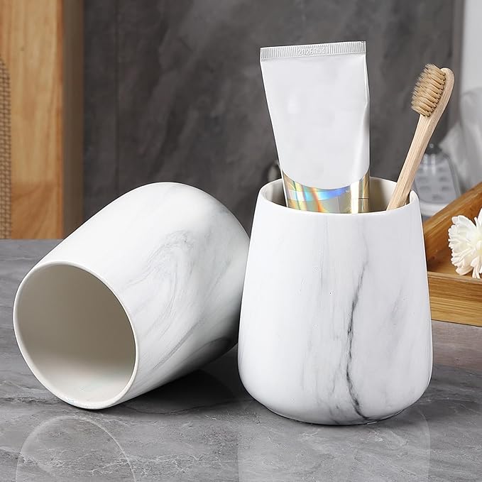 2Pcs Toothbrush Holder for Bathroom - Marble White Ceramic Tooth Brushing Holders Set, Toothbrush Cup & Toothpaste Organizer for Bathroom Countertop, Makeup Brush Holder, Pen Holder for Home Storage-CasaMuseHome