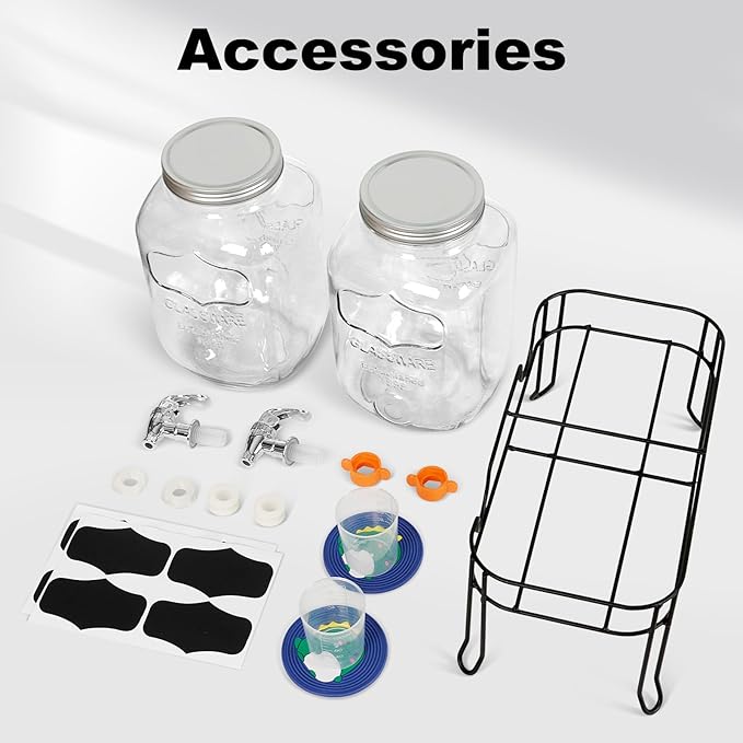 2-Pack 1 Gallon Glass Laundry Detergent Dispenser Set with Bamboo Lids and Stand - Liquid Soap and Fabric Softener Dispensers with Spigots, Cups, Labels and Mats, Laundry Room Organization and Storage-CasaMuseHome