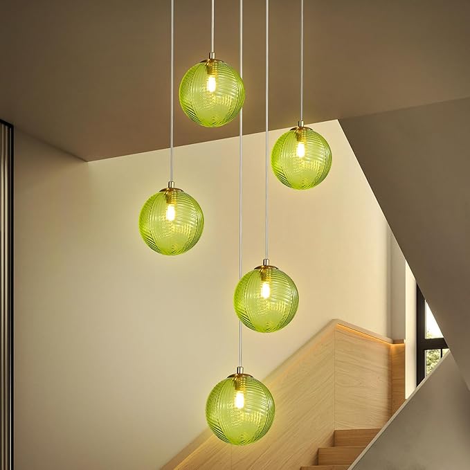 5-Light Chandelier, Globe Green Glass Flush Mount Pendant Light,15W Ceiling Hanging Light for Staircase Foyer Entryway Living Room Hotel Kitchen Island（3000K,G9 Bulbs Include）-CasaMuseHome