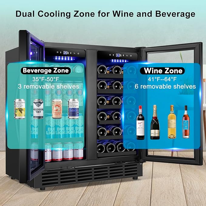 30'' Wine and Beverage Refrigerator, Upgrade Dual Zone Wine Cooler, 30 Inch Wine beverage Fridge Built in or Freestanding Under Counter Large Capacity Glass Door Advanced Cooling System,Black-CasaMuseHome