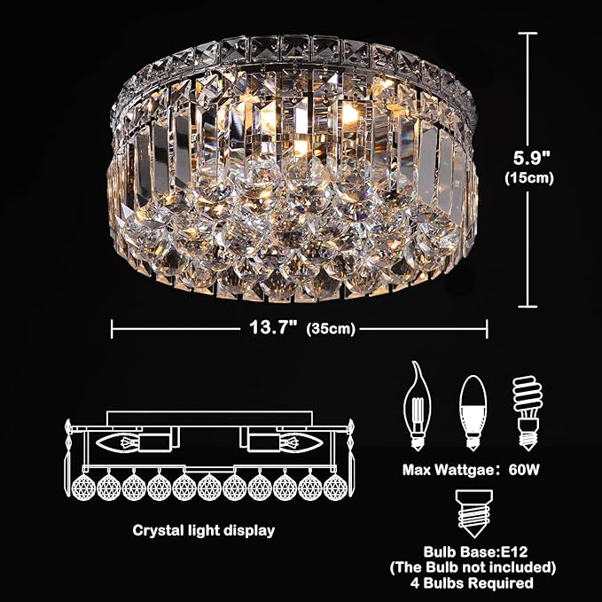 4-Light Crystal Flush Mount Chandelier Light Fixture with K9 Crystals Modern Ceiling Lights Elegant Pendant Lamp for Bedroom,Hallway,Bar,Living Room,Dining Room,H5.9 xW13.7(Bulbs Not Included)-CasaMuseHome