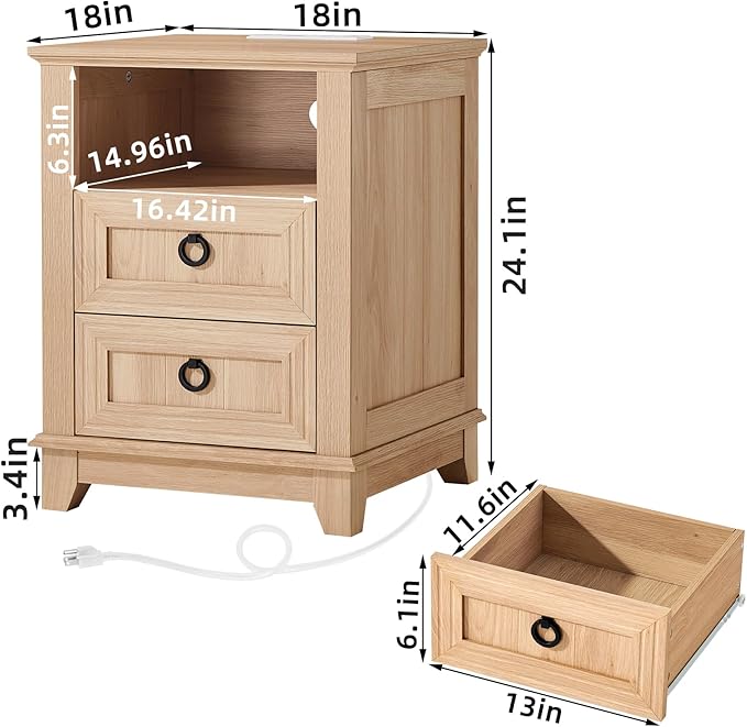 18" Farmhouse Night Stands Set of 2 with Charging Station, 2 Drawers Bedside End Table, Natural Wooden Nightstand, Bed Side Table Cabinet with Open Shelf for Bedroom Living Room Office-CasaMuseHome