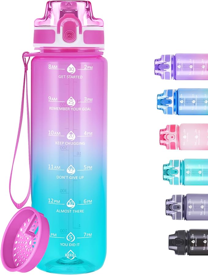 32oz Motivational Water Bottles with Time Marker & Fruit Strainer, Transparent Gradient Color Water Bottle with Times to Drink, Leakproof & BPA Free, Reusable Bottle with Strap (No Straw)-CasaMuseHome