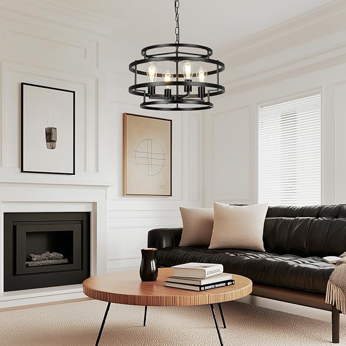 4-Light Black Chandelier for Dining Room, 19.7" Modern Farmhouse Pendant Light with Geometric Metal Frame, Industrial Flush Mount Ceiling Light for Living Room, Bedroom, Kitchen Island, Hallway, Foyer-CasaMuseHome