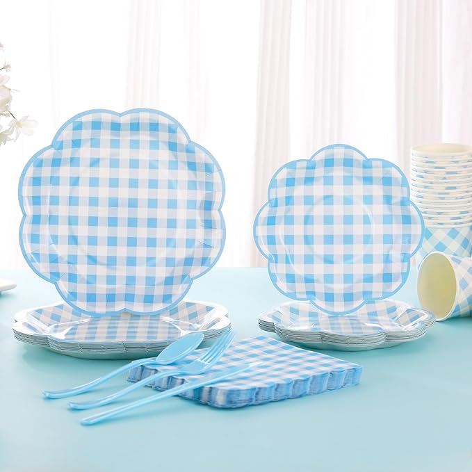 350 Pcs Blue Gingham Plates and Napkins Party Supplies - Blue and White Checkered Plates Sets Serve 50 Guests - Scalloped Gingham Paper Plate for Birthday Dinner Wedding Baby Shower Party Decorations-CasaMuseHome