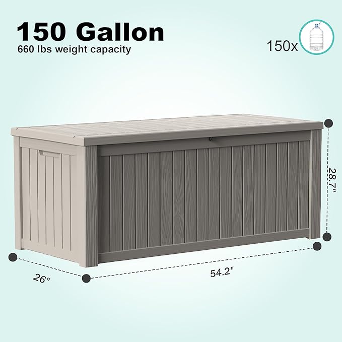 150Gal Outdoor Deck Box Waterproof, Lager Patio Storage Box Indoor and Outdoor Use, Lockable Resin Storage Bin for Patio Furniture Cushions Garden Tools, Package Delivery,UV Resistant-Grey-CasaMuseHome