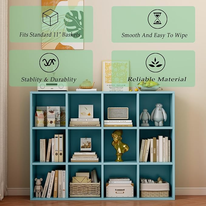 12-Cube Storage Shelf Bookcase - Wooden 3-Tier Floor Standing Open Bookshelf for Home and Office, Display Cabinet, Light Blue-CasaMuseHome