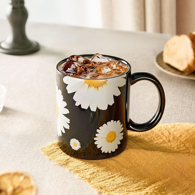 12Oz Daisy floral Black Ceramic Mug, Mug for Daily Coffee and Tea, Lead-free Microwave and Dishwasher Safe Coffee Mug, Perfect gifts for Women and men-CasaMuseHome