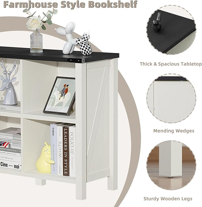 8 Cube Book Shelf, Farmhouse Wood Long Storage Organizer Bookcase, 62" Horizontal Antique White & Black Console Bookshelf, Kids Toy Storage Cabinet, Modern Open Book Case for Playroom, Office-CasaMuseHome