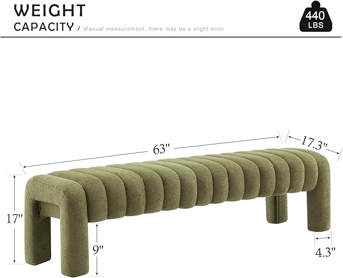 63" Bedroom Bench, Upholstered Entryway Bench, Modern End of Bed Ottoman with Solid Wood Legs and Adjustable Foot Pegs for Entryway, Dining Room and Living Room, 440lbs (Green Boucle)-CasaMuseHome
