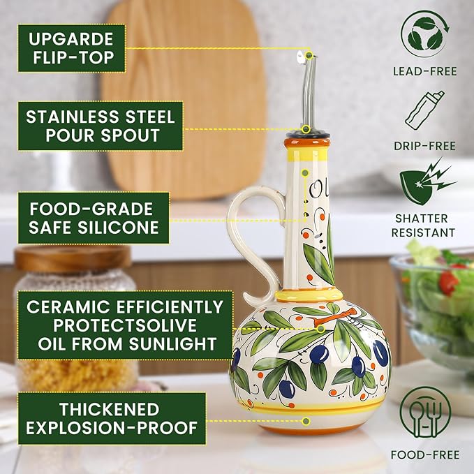 18 oz Ceramic Olive Oil Dispenser Bottle for Kitchen, Large Capacity Oli and Vinegar Cruet with Stainless Steel Spout, 540 ml Oil Container with Handle for Cooking Preventing, Vinegar Cruet-CasaMuseHome