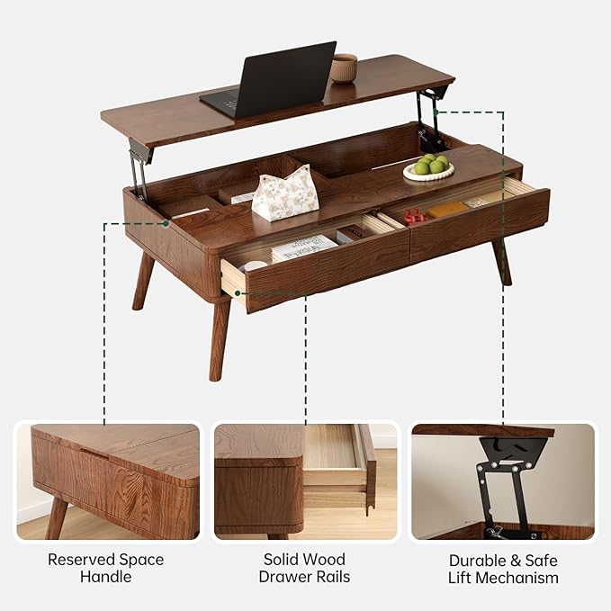 100% Solid Wood Lift Top Coffee Table for Living Room, Mid Century Modern Tables with Drawers and Large Storage, Oak Wood Coffee Tables for Small Spaces (Oak Walnut Color, 47.24"W x 23.62"D x 25.59"H)-CasaMuseHome