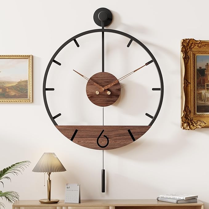 30.7×20 Inch Large Modern Decorative Pendulum Wall Clock,Big Metal Farmhouse Oversized Silent Wall Clocks Minimalist Elegant Walnut Dial Pointers for Living Room,Office,Dining Room Decor-CasaMuseHome