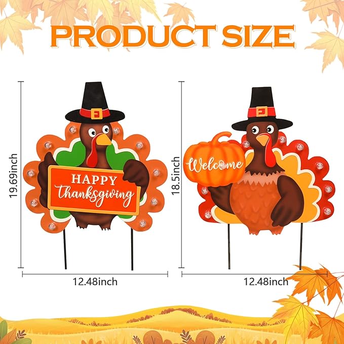 2 PCS Fall Decorations Outdoor Metal Happy Thanksgiving Decorative Garden Stakes with Led Light Welcome Pumpkin Turkey Yard Signs Fall Harvest Lawn Garden Lawn Pathway Decor-CasaMuseHome