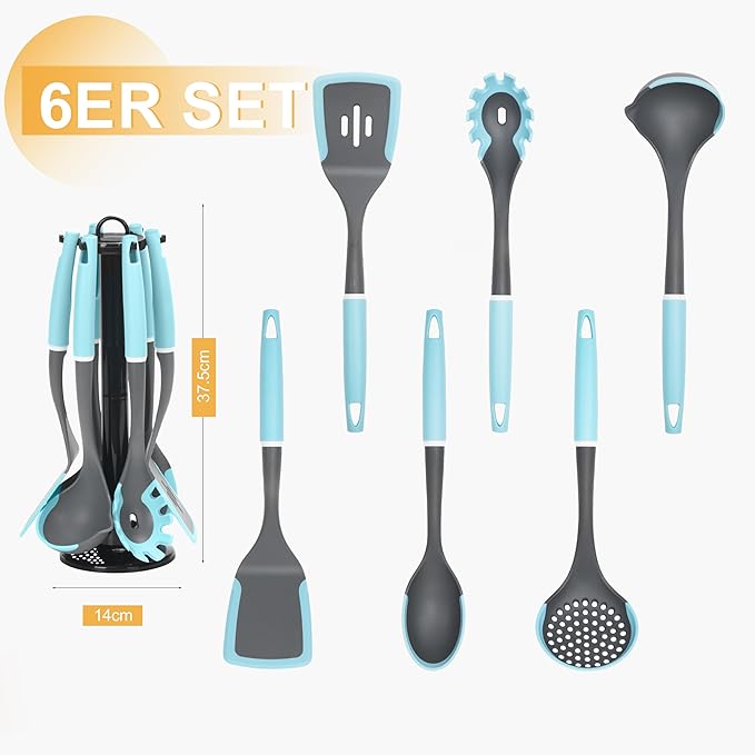 6-Piece Silicone Kitchen Utensil Set with Rotating Stand, Non-Stick, Heat-Resistant (400°F), Nylon Handle, Cooking Spatula Set for Baking & Cooking, Light Blue-CasaMuseHome