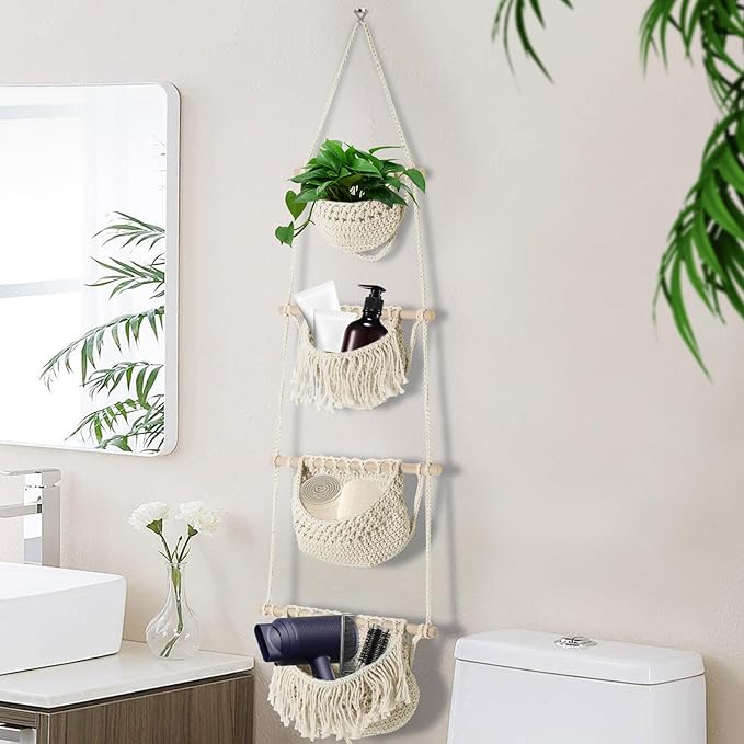 4 Tier Hanging Fruit Basket for Kitchen, Beige Boho Cotton Rope Crocheted Fruit Holder for Bathroom Bedroom, Detachable Wall Hanging Basket Shelves Over Door Organizer for Fruits Veggie Plant Decor-CasaMuseHome