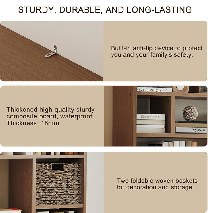 6-Tier Large Open Bookcase 71” Tall Sturdy Wooden Bookshelf with Baskets,Modern Style 16-Cube Home Display Shelf for Bedroom, Living Room（Oak Color）-CasaMuseHome