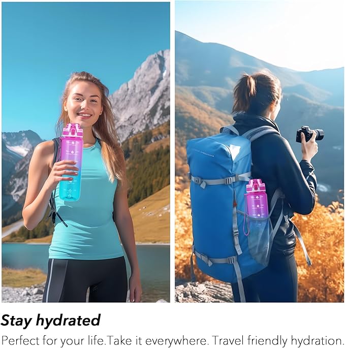 32oz Motivational Water Bottles with Time Marker & Fruit Strainer, Transparent Gradient Color Water Bottle with Times to Drink, Leakproof & BPA Free, Reusable Bottle with Strap (No Straw)-CasaMuseHome