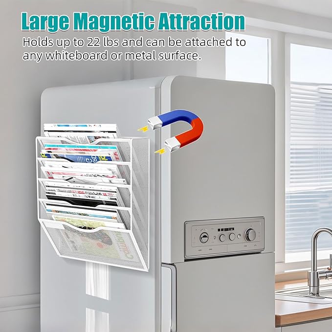 5-Tier Magnetic File Organizer, No Drilling Installation, White Magnetic Paper Holder, Magazine Rack for Refrigerator and File Cabinets-CasaMuseHome