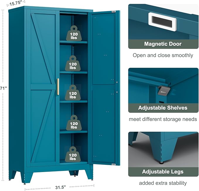 71'' Farmhouse Metal Storage Cabinet with Barn Doors,Steel File Cabinet for Home Office,Kitchen Pantry 4 Adjustable Shelves,Freestanding Cupboard for Kitchen,Home Office (Peacock Blue)-CasaMuseHome