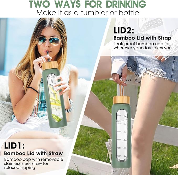32 oz Glass Water Bottle with Straw - Motivational Time Marker & Silicone Sleeve - Reusable Tumbler Includes 2 Bamboo Lids & Fruit Infuser - 1 Pack-CasaMuseHome