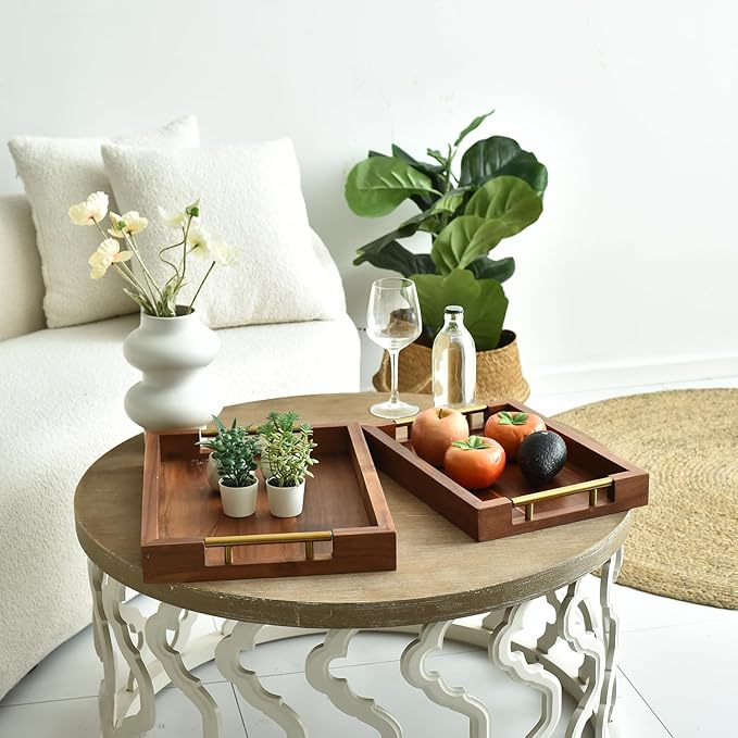 Set of 2 Acacia Wood Serving Trays with Gold Metal Handles for Food Serving, Appetizers & Snacks - Ideal for Bed, TV, Ottoman or Coffee Table Décor, Home Decoration Accessory 15.75x11.8 Inch-CasaMuseHome